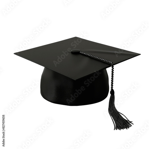 Black graduation cap with tassel isolated on white background, symbolizing academic achievement and completion. photo