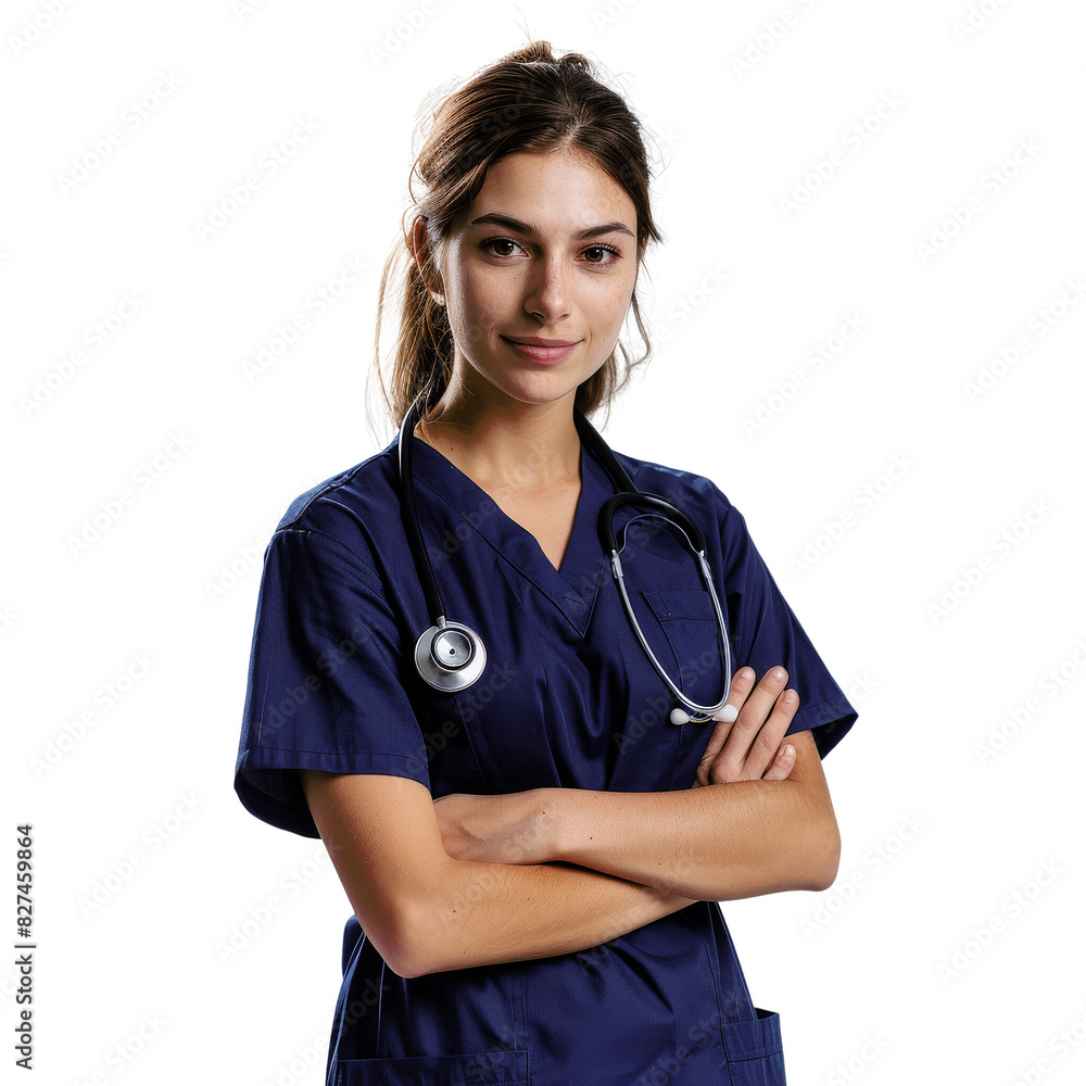 Confident female nurse in blue scrubs with a stethoscope, standing with arms crossed, isolated on a white background. Confident female nurse in blue scrubs with a stethoscope, standing with arms crossed, isolated on a white background.