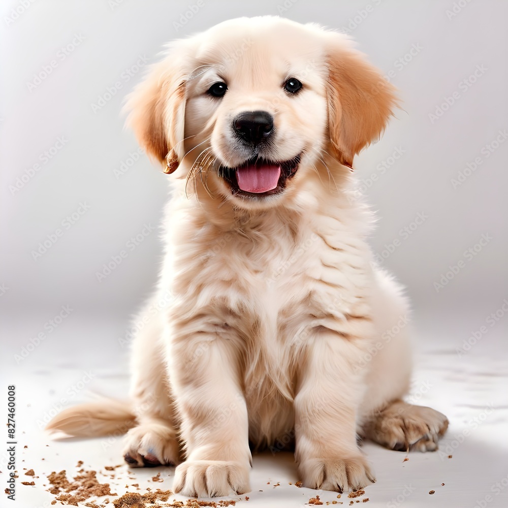 Fototapeta premium golden happy feeding dog puppies retriever puppy cute pet smiling, AI Generated