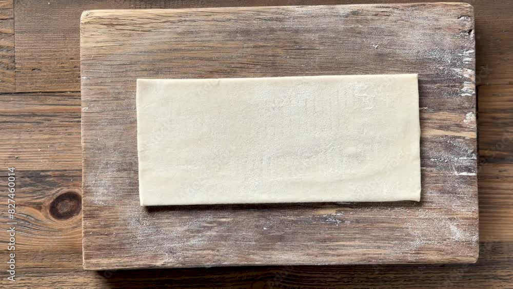 The cook puts a wooden board with a fresh sheet of puff pastry on the kitchen table, top view. Food closeup The cook puts a wooden board with a fresh sheet of puff pastry on the kitchen table, top view. Food closeup