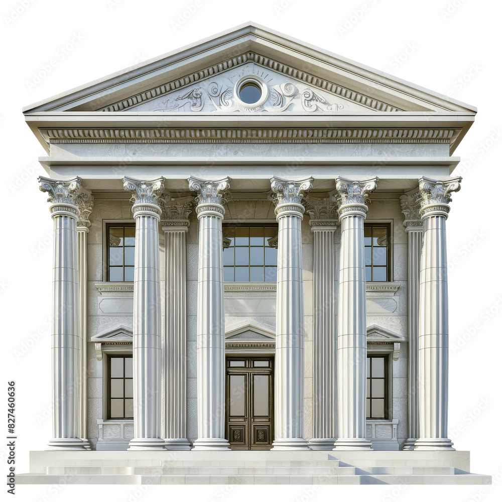 Front view of a neoclassical building with tall columns, architectural details, and grand entrance, isolated on a white background. Front view of a neoclassical building with tall columns, architectural details, and grand entrance, isolated on a white background.