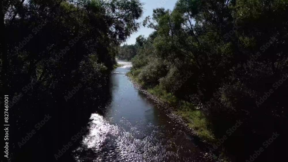 Drone rising above mountain stream among green forest on a sunny day with blue sky in the background Drone rising above mountain stream among green forest on a sunny day with blue sky in the background