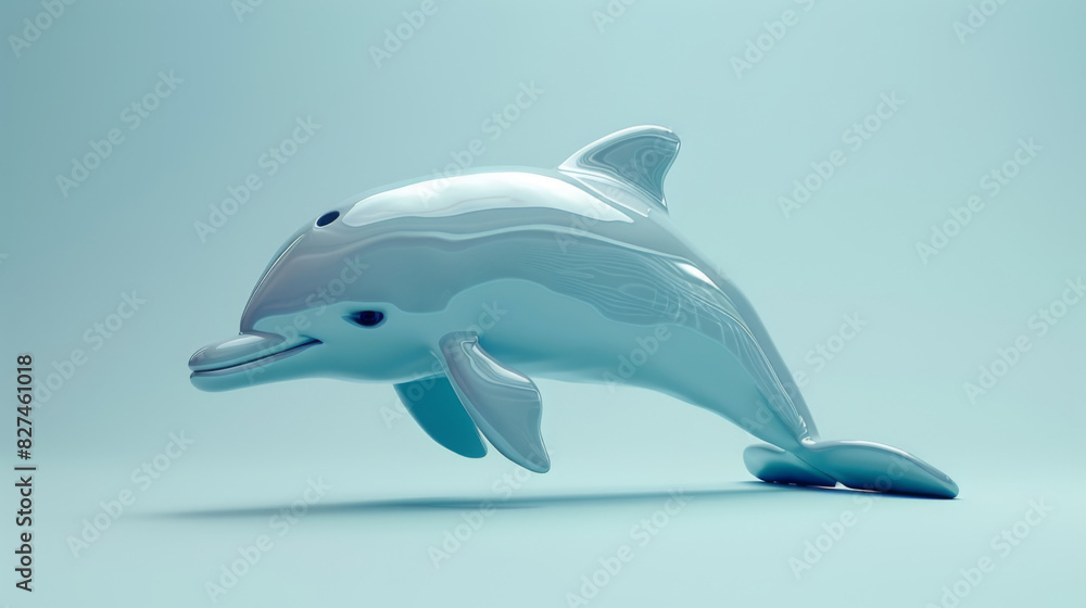 Obraz premium A photorealistic 3D model of a silver dolphin, gracefully arched in a tranquil pose against a light blue background.