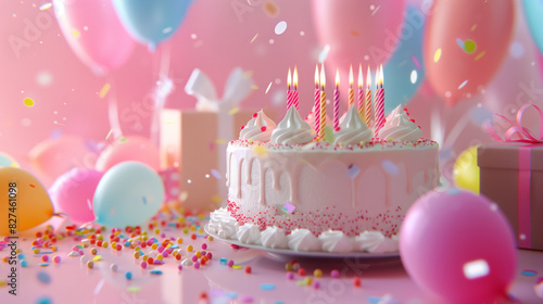 Festive birthday scene featuring a pink cake with lit candles  surrounded by balloons  confetti  and wrapped presents on a pink background. 
