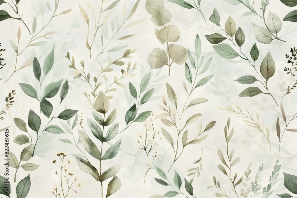 Elegant botanical illustration featuring a seamless pattern of diverse leaves and branches in muted green tones on a light, textured background suitable for wallpapers and fabric design Elegant botanical illustration featuring a seamless pattern of diverse leaves and branches in muted green tones on a light, textured background suitable for wallpapers and fabric design