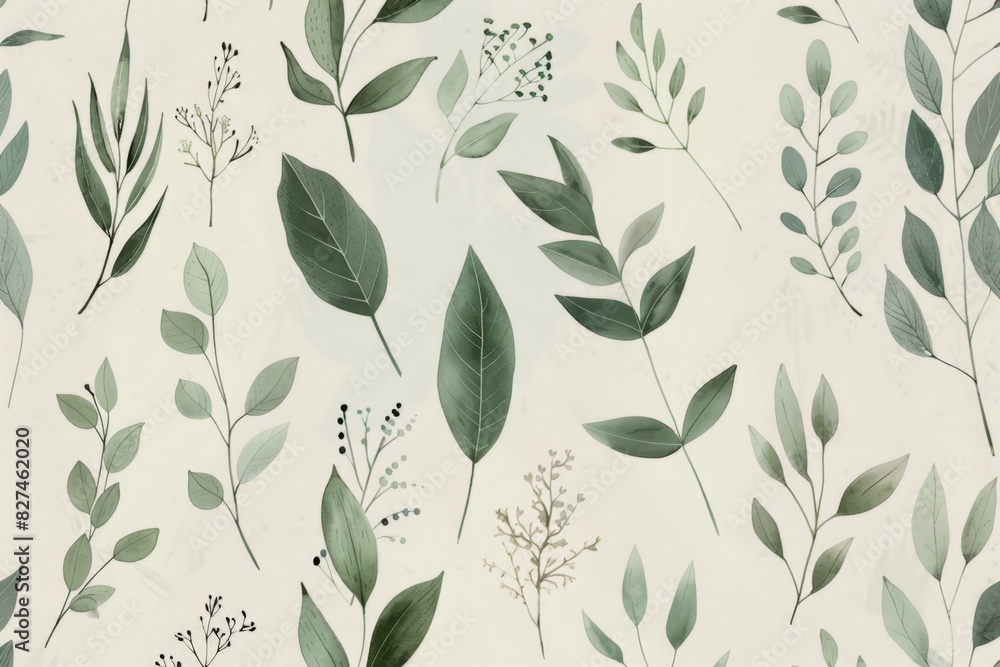 Elegant seamless pattern featuring hand-painted green leaves and delicate botanical elements on a soft, neutral background, perfect for fabric, wallpaper, or sophisticated graphic designs Elegant seamless pattern featuring hand-painted green leaves and delicate botanical elements on a soft, neutral background, perfect for fabric, wallpaper, or sophisticated graphic designs