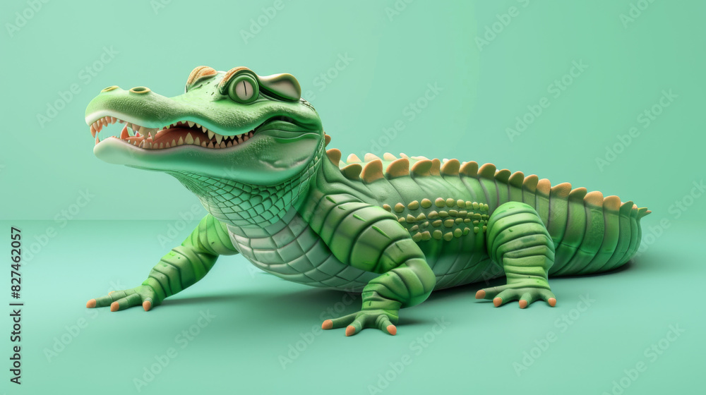 Fototapeta premium A vibrant green cartoon crocodile toy posed on a teal background, perfect for playful designs.