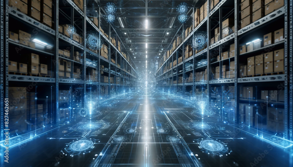 A dynamic wide-format image of a logistics center showcasing a holographic supply chain network diagram. The scene highlights business and technological innovation with dramatic elements A dynamic wide-format image of a logistics center showcasing a holographic supply chain network diagram. The scene highlights business and technological innovation with dramatic elements