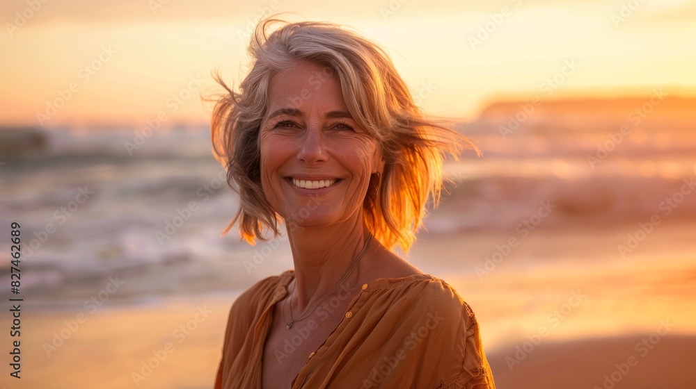 Smiling Mature Woman on the Beach, Embracing Nature's Embrace Smiling Mature Woman on the Beach, Embracing Nature's Embrace