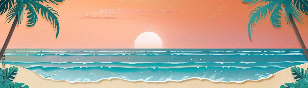 Tropical beach sunset illustration featuring palm trees, a vibrant ocean, and a warm sun setting on the horizon with a tranquil ambiance. Tropical beach sunset illustration featuring palm trees, a vibrant ocean, and a warm sun setting on the horizon with a tranquil ambiance.