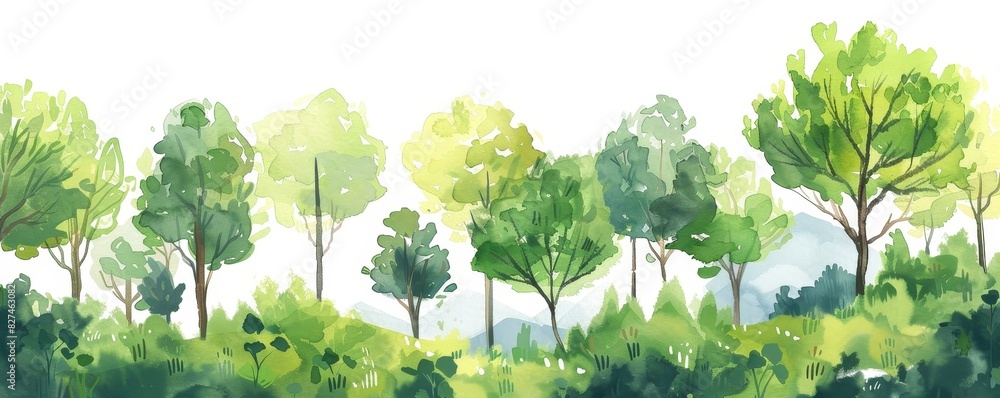 Fototapeta premium Watercolor stylized illustration of green forest and trees, white background, wallpaper-style