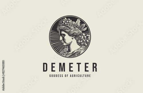 ancient greek demeter goddess of the harvest and agriculture vintage engraved logo icon vector