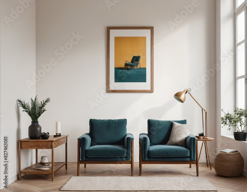 Two armchairs in room with white wall and big frame poster on it. Scandinavian style interior design of modern living room. © Illustration