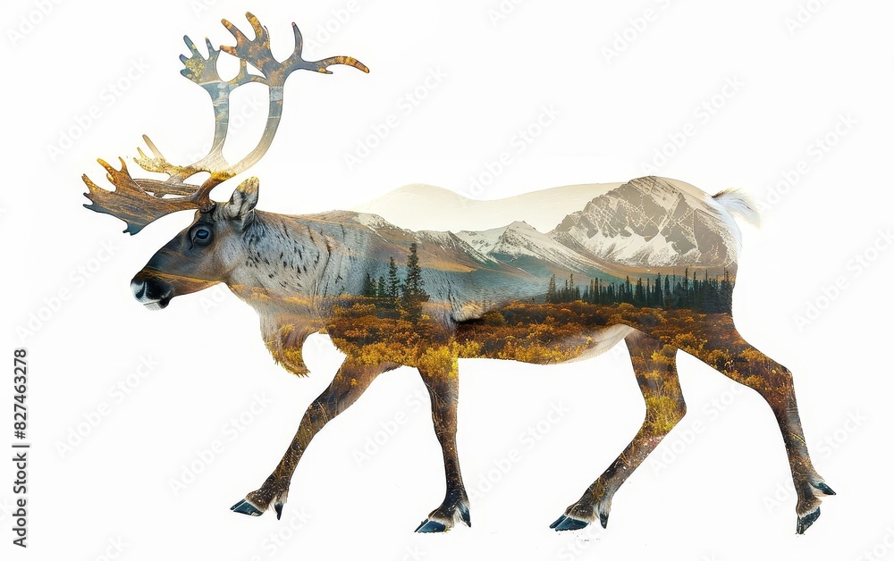 Obraz premium A double exposure image of a caribou silhouette filled with a detailed tundra landscape The caribou