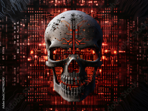 Digital skull against a background of glowing red circuitry. This image portrays the concept of technology, danger, and digital threats. photo