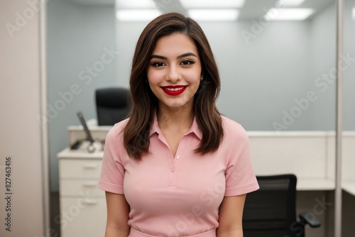 Young Latin transgender woman happily smiling against the office background with copy space. Free Download Young Latin transgender woman happily smiling against the office background with copy space. - GFXLoad