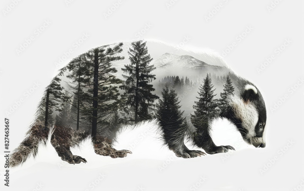 A double exposure image of a bear silhouette filled with a detailed forest landscape The bear A double exposure image of a bear silhouette filled with a detailed forest landscape The bear