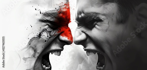 Two men screaming at each other, faces covered in abstract paint, symbolizing intense conflict and raw emotion. Artistic black and white effect.