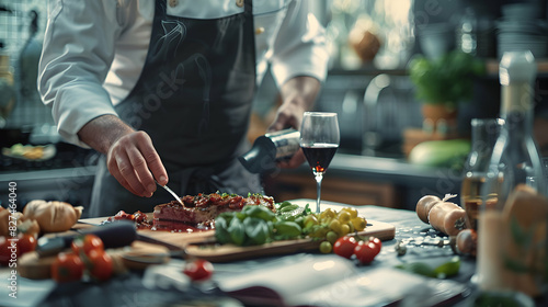 High Resolution Image of Chef Creating Wine Pairing Menu with a Glossy Backdrop Photo Realistic Concept Showcasing Creative Process of Selecting Wine and Food Pairings for Stock 