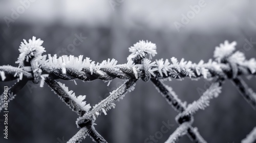 A chain-link fence covered in frost. The delicate ice crystals create intricate patterns along the metal wires