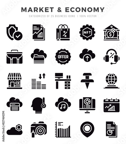 Market & Economy icons Pack. Glyph icons set. Market & Economy collection set.