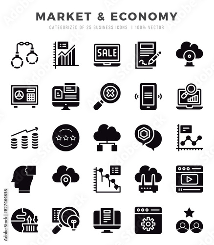 Set of Glyph Market & Economy Icons. Glyph art icon. Vector illustration