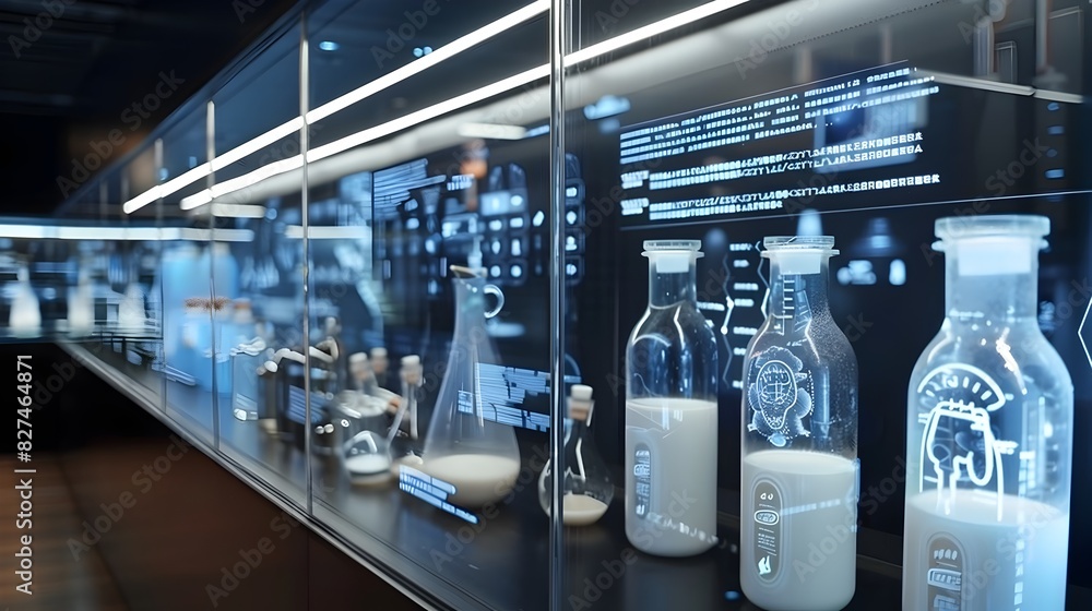 Futuristic Interactive Display Showcasing Holographic Milk Products with Nutritional Details Futuristic Interactive Display Showcasing Holographic Milk Products with Nutritional Details