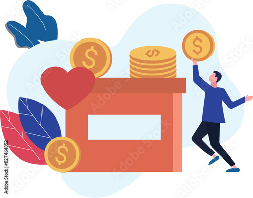 The boy has a donation box for charity.