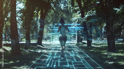 Futuristic Fitness Journey Through Digitalized Urban Park
