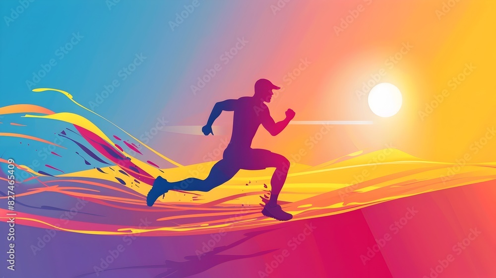 Triumphant Runner Breaking Through Vibrant Sunrise Gradient Backdrop Triumphant Runner Breaking Through Vibrant Sunrise Gradient Backdrop