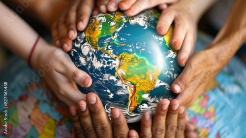 A group of people are holding a globe in their hands. The globe is blue and green, and it is a representation of the Earth