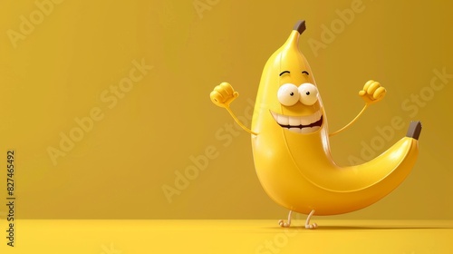 A cartoon banana is smiling and standing on its tip. The yellow background and the banana's bright color make the image cheerful and fun