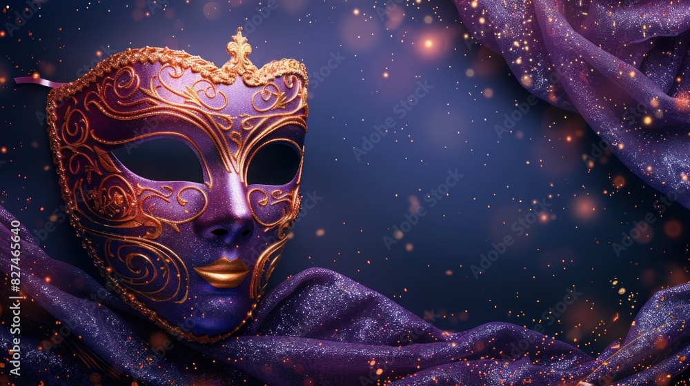 Blue and gold masquerade mask surrounded by a swirl of dark and smoky background and sparkling orange embers
