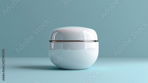 A white jar with a silver band sits on a blue surface photo
