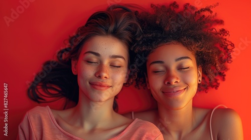 Minimalist Portrait of Happy Lesbian Lovers in Red Bed photo