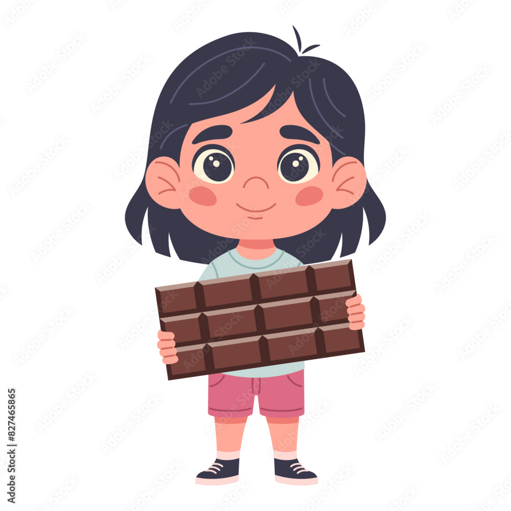 Happy girl holding chocolate bar, hand-drawn, flat vector illustration, white background Happy girl holding chocolate bar, hand-drawn, flat vector illustration, white background