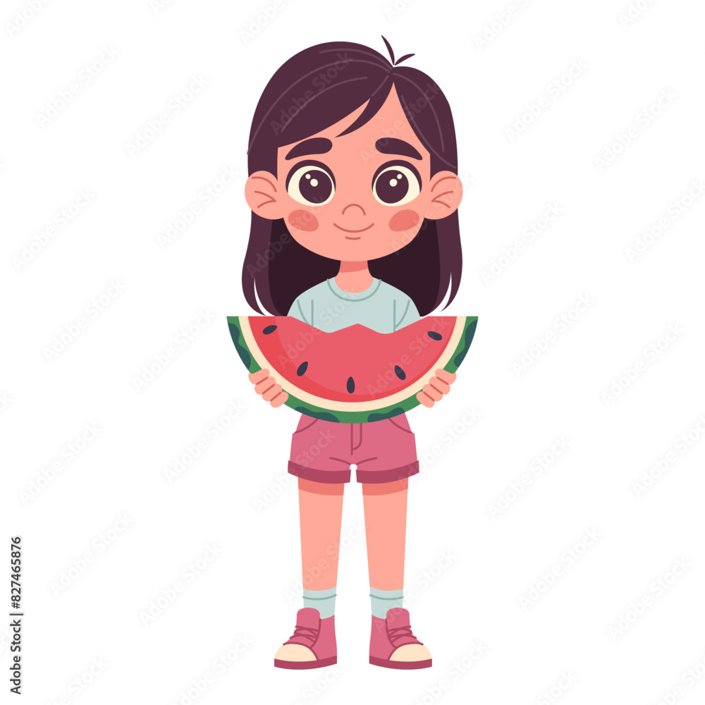 Girl eating watermelon, happy, funny, summer season, refreshing, with watermelon slice in hand, hand-drawn, flat vector illustration
