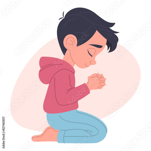 Boy praying on knees, hand-drawn, flat vector illustration, white background