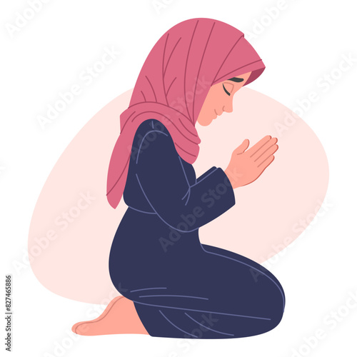 Girl praying on her knees, hand drawn flat vector illustration
