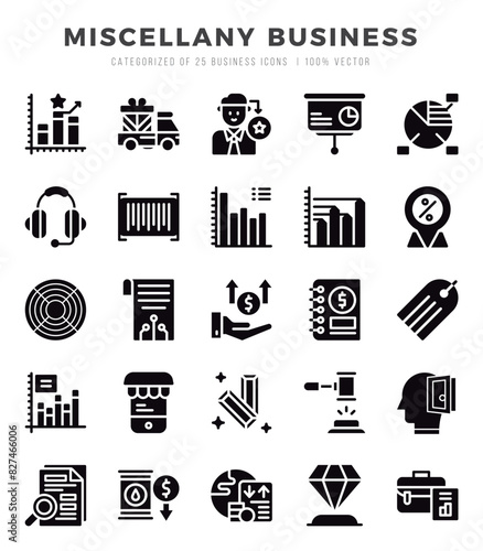 Miscellany Business Glyph icons collection. Glyph icons pack. Vector illustration