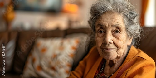 Elderly woman happily poses for a portrait at home, meeting the camera's gaze. Concept Portrait Photography, Elderly Individuals, Home Photoshoots