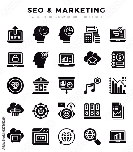SEO & Marketing icons set. Collection of simple Glyph web icons.