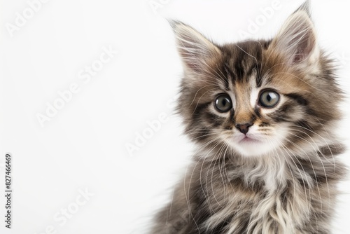 Charming fluffy kitten with striking markings looks curiously at the camera, its soft fur and endearing eyes captured against a clean, white backdrop perfect for pet-related content © Enigma