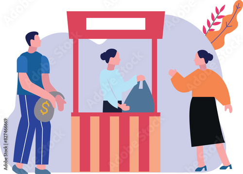 The girl is giving donations to the needy at the stall.