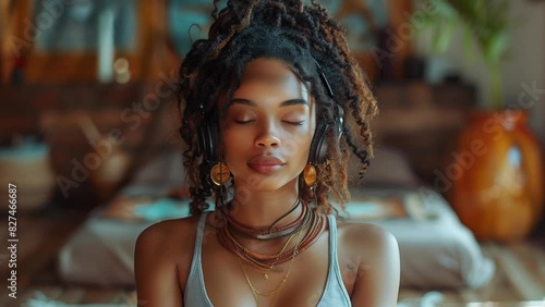 Young African American woman meditating with headphones, embracing peace and self-care in a calm, boho-styled space.