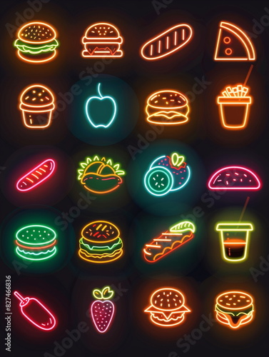 Neon glowing food icons set in a vector illustration