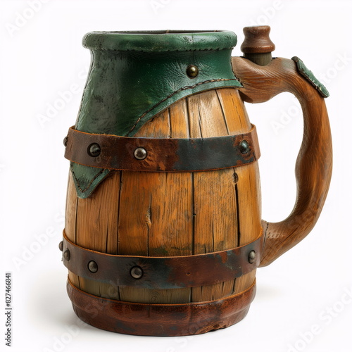 Medieval Wooden and Leather Beer Jug Adorned with Metal Decorations