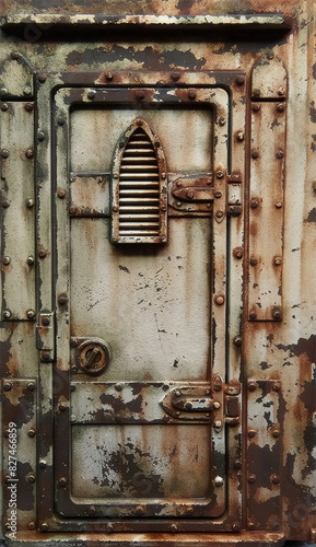 Rusted Metal Door Featuring Horizontal Slats and Rivets