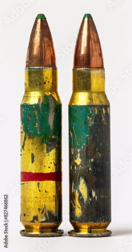 old green and yellow rifle bullet with red stripes on a white background