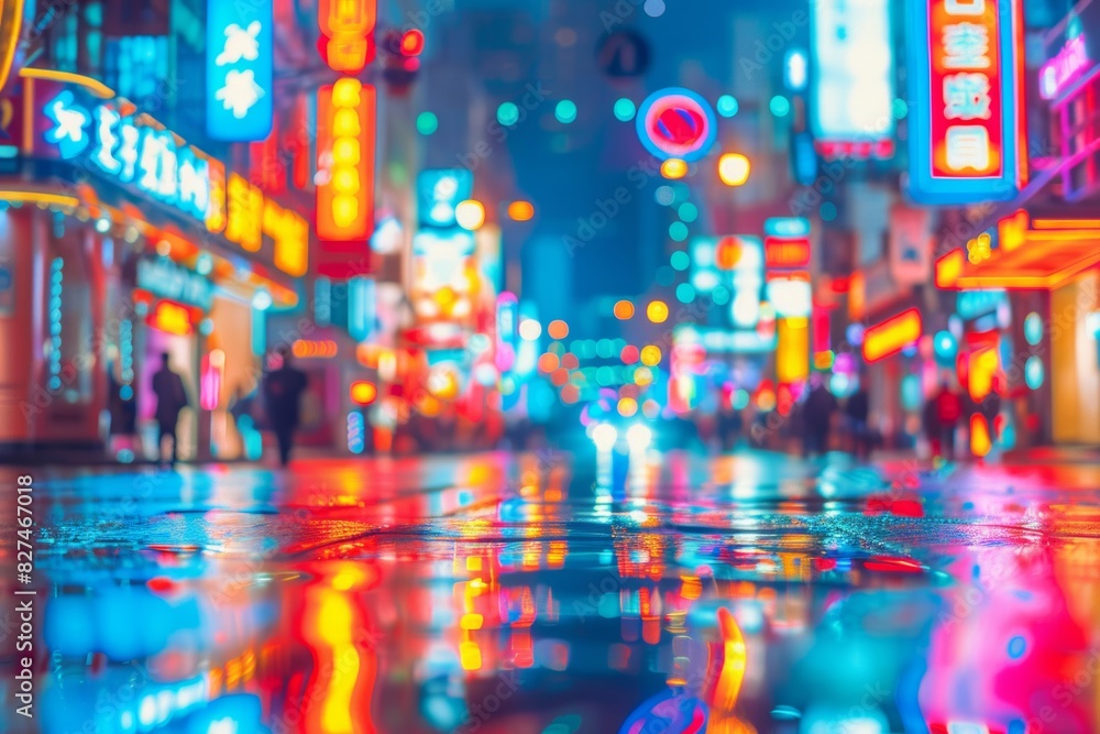Obraz premium City streets at night with a blur effect that turns neon lights into colorful orbs.